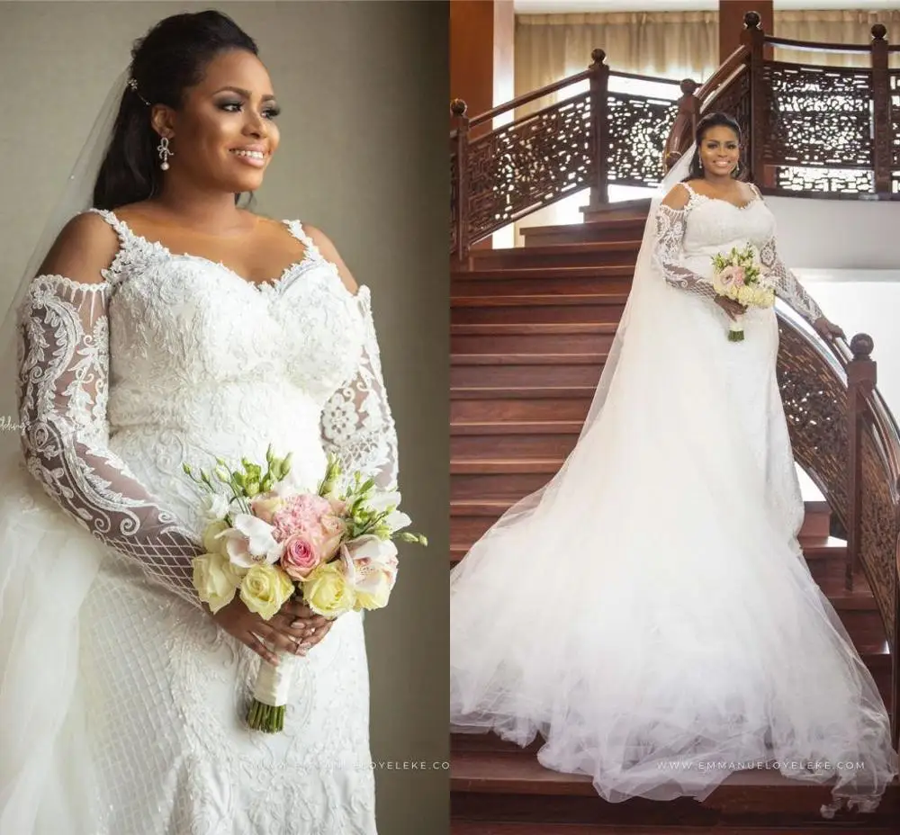 

Luxury Long Sleevs Jewel Neck Mermaid Wedding Dress with detachable train Sexy Plus Size Lace Appliqued African Bridal Gown