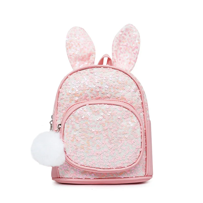 Girls Boys New Fashion Leisure Lovely Rabbit Ears Sequin Backpacks In Kindergarten Children Backpack with Wool Ball Pendant