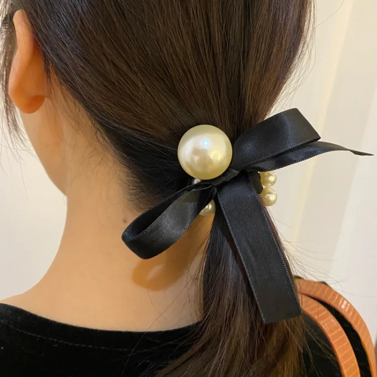 

Beautiful Big Simulated-pearls Temperament Girls Hair Accessories Black Bowknot Elastic Hair Ties
