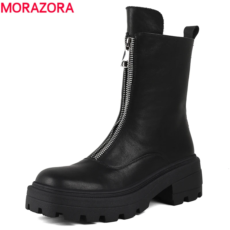 

Женские ботильоны на платформе MORAZORA, черные ботильоны из натуральной кожи на высоком квадратном каблуке, на молнии, Осень-зима 2021