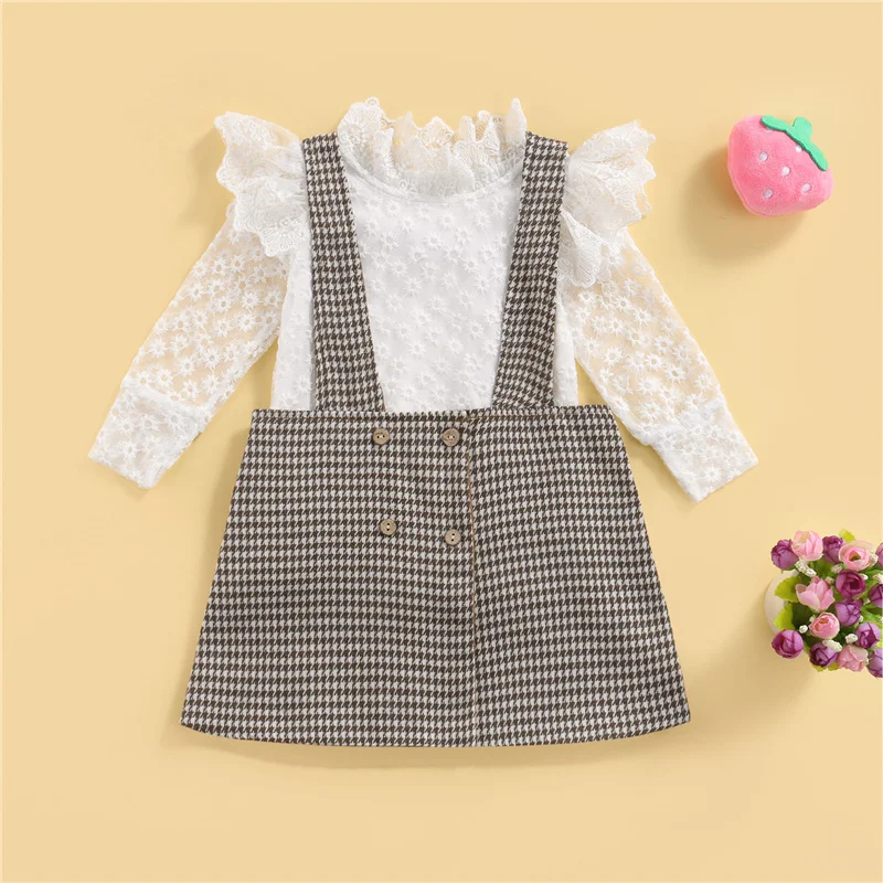 

Детский модный костюм из 2 предметов, кружевные топы с воротником-стойкой и длинным рукавом с цветочным рисунком + сарафан в клетку, юбка для ...