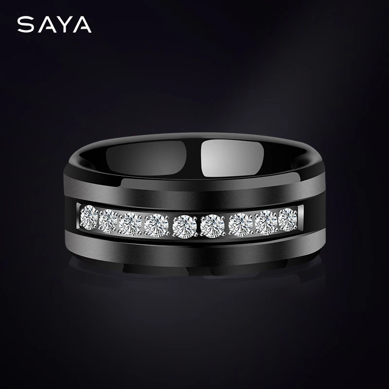 Мужское кольцо из карбида вольфрама 9 шт. инкрустация фианитом Черное Матовое покрытие удобное обручальное