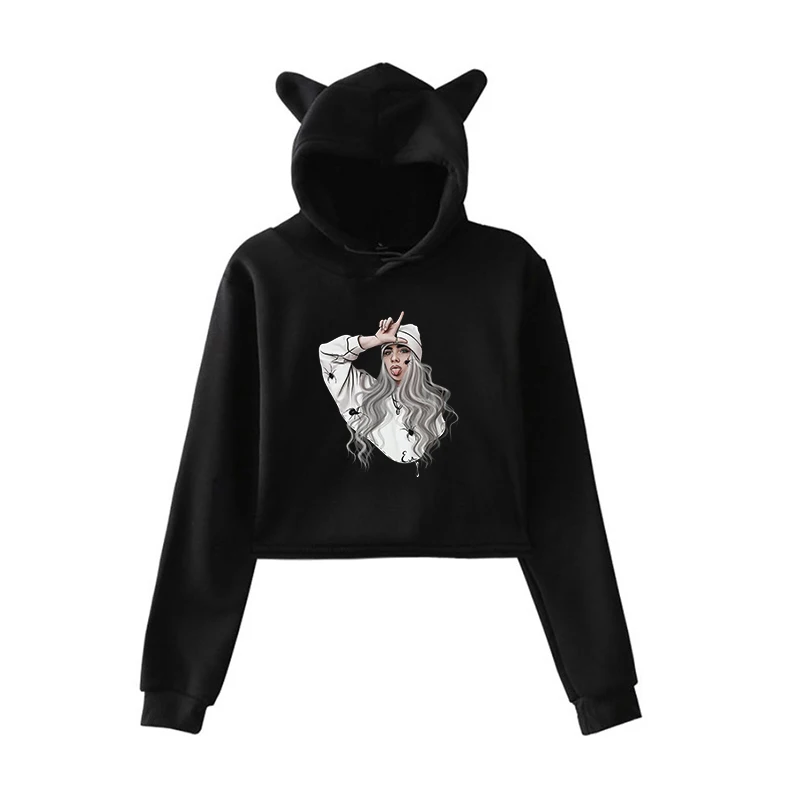 Лидер продаж, модные Kpop Billie Eilish толстовки, короткий кошачий топ с капюшоном, женская сексуальная розовая толстовка с кошачьими ушками, трендовая Толстовка Harajuku