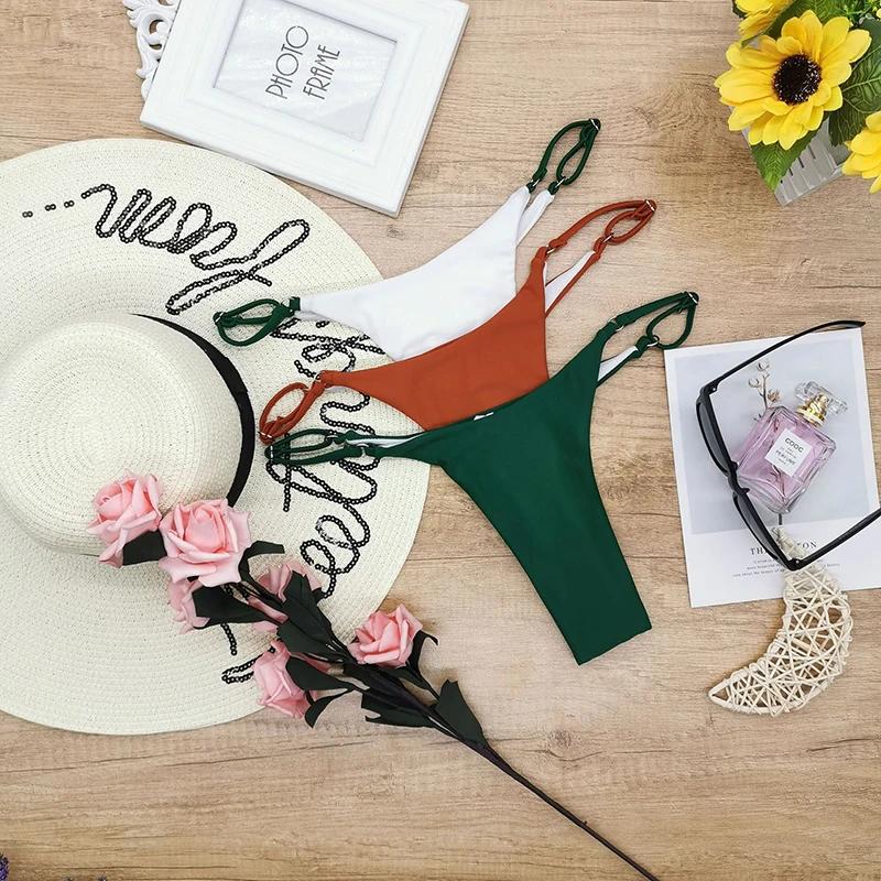 Соблазнительное однотонное бикини Цельный купальник узкая лента с кольцами