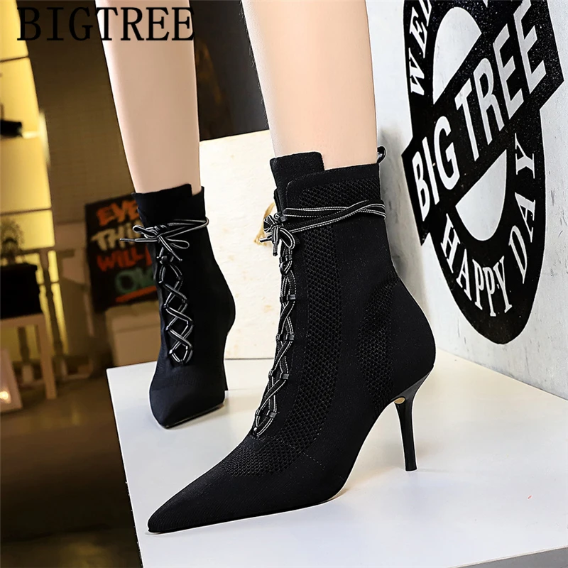 Черные ботинки-носки ботинки на высоком каблуке женские осенние модная женская