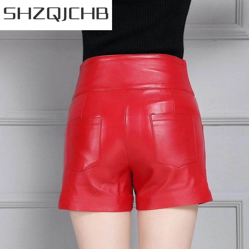 JCHB 2021 Female New Fashion Korean Style Straight Shorts Sheepskin Leather High Waist Casual Streetwear Punk High Quality Trous
