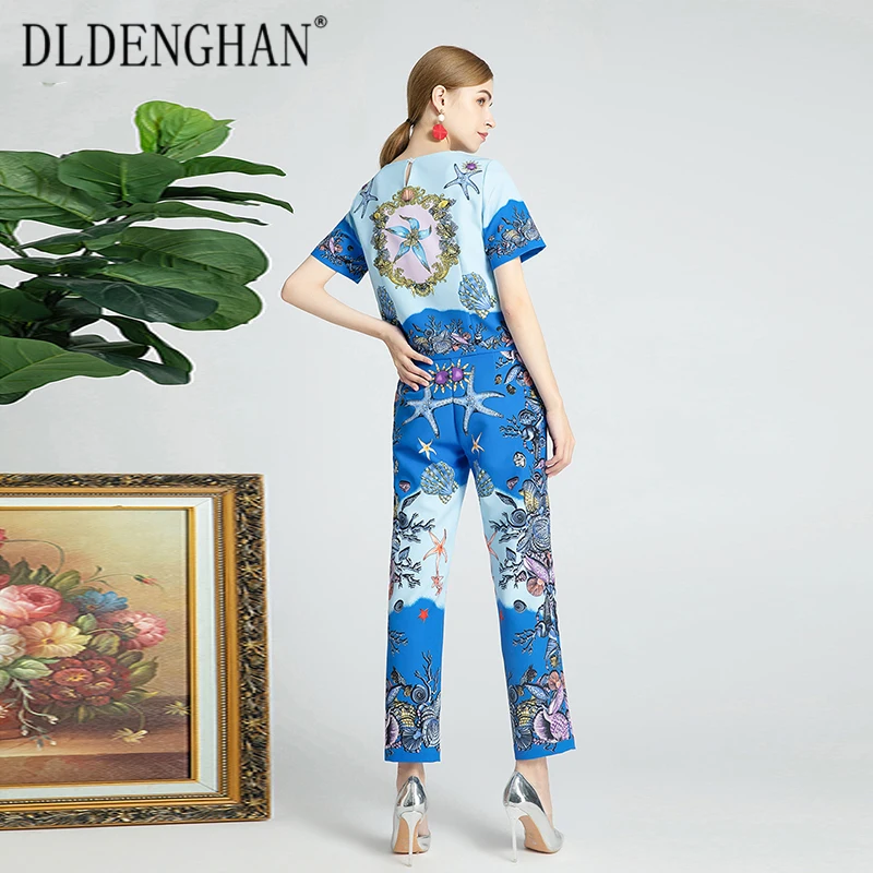 

DLDENGHAN Vintage Print Set Women'sBeading Square Collar Short Sleeve T-Shirt Tops + Long Pants Two-Piece Sets Summer New