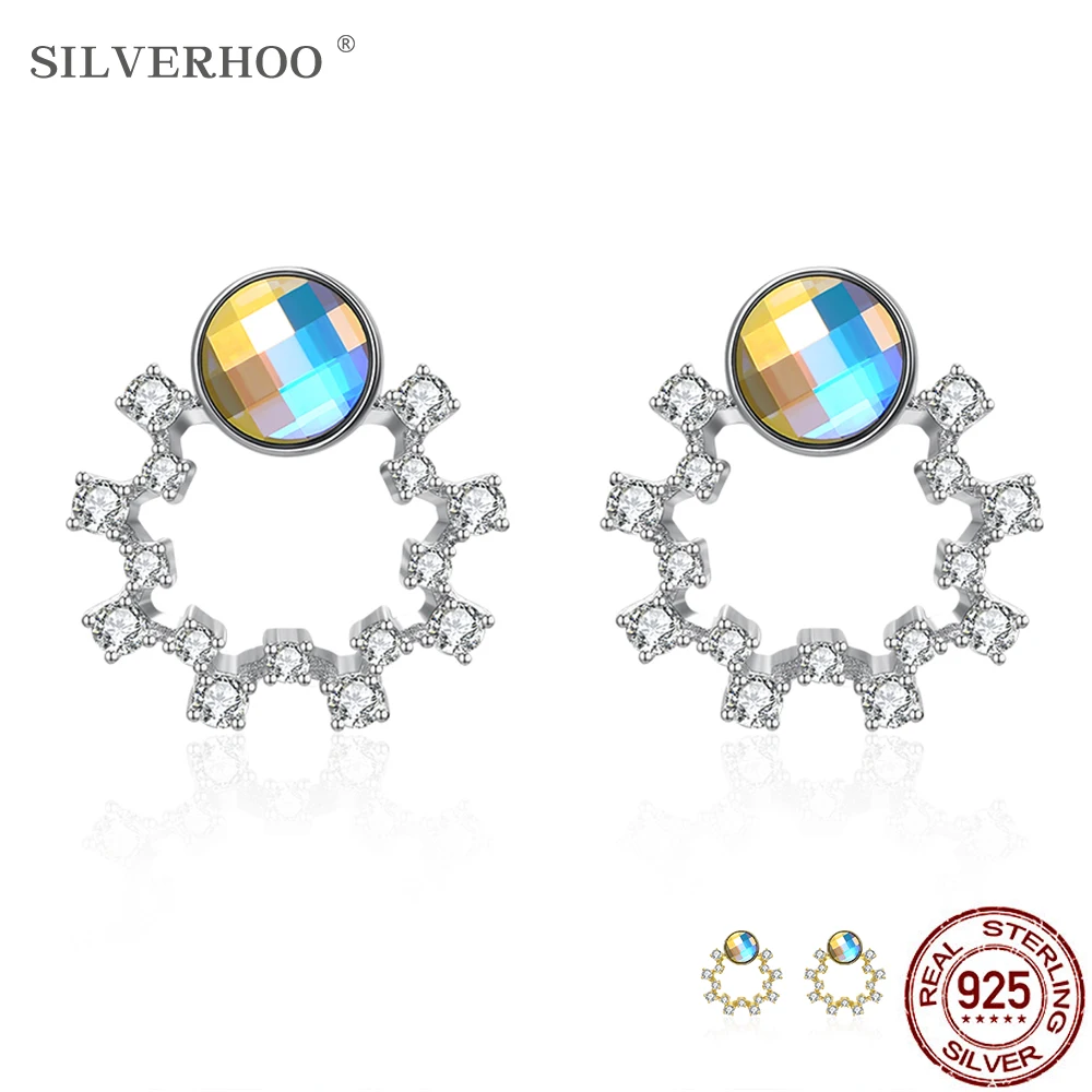 

SILVERHOO S925 Sterling Silver Women Earrings Cute Garland With Colorful Austria Crystal Stud Earring Hot Selling Jewelry Gift