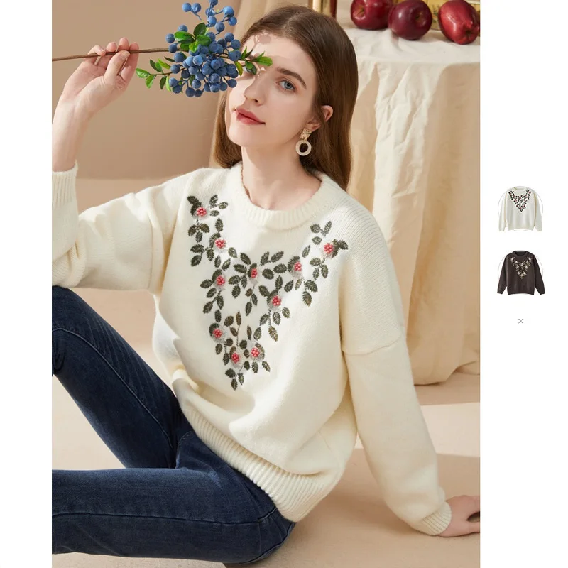 

Flower Embroidery Sweater Floral Knitted Korean Chic Casual Long Sleeve Sweaters Sweet O Neck Soft Winter Handmade 2021 New