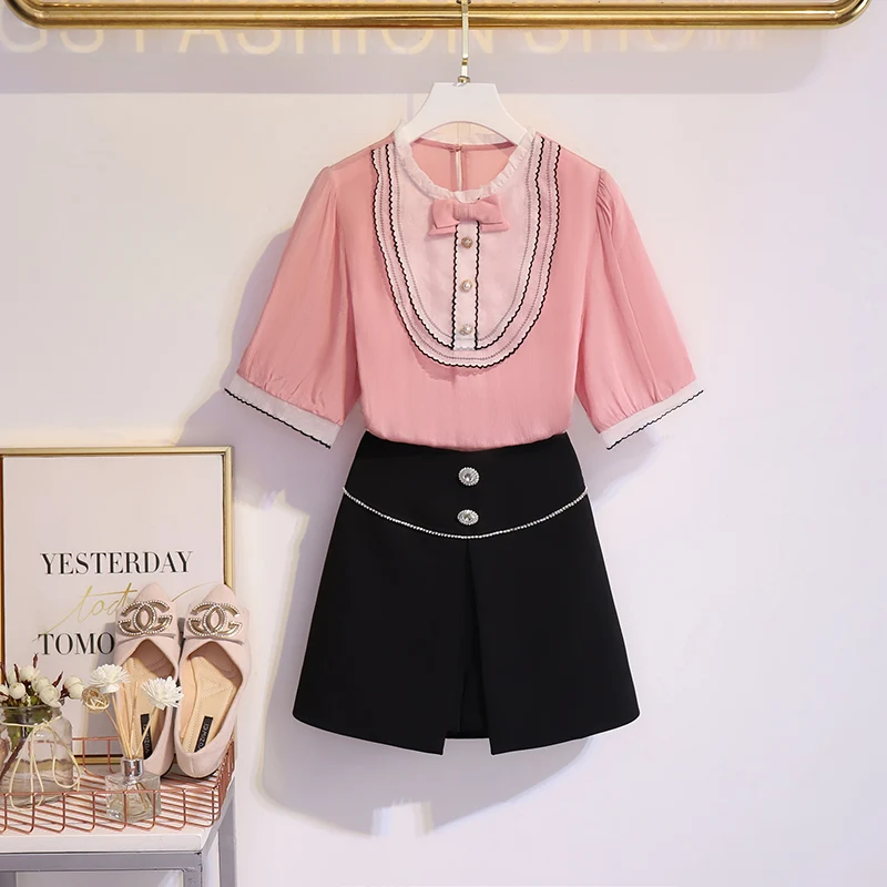 

New Women Skirt Suits Fashion Ruffles Patchwork Bow Shirt Blouse And Drill Button Skirt Pants Two Piece Sets Ladies Summer Wear