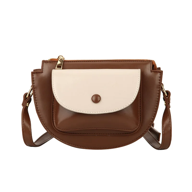 coffee Mododiino Patchwork Saddle Bag Ladies Bag Contrast Color Shoulder Bag Simple Half Moon Women Bag Leather Crossbody Bag DNV1271 - Цвет: coffee