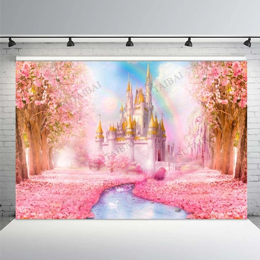 Fairy Tale Princess Castle Backdrop Palace Cherry Blossoms Tree Swan River Rainbow Backgrounds Computer Print Vinyl Photo Studio