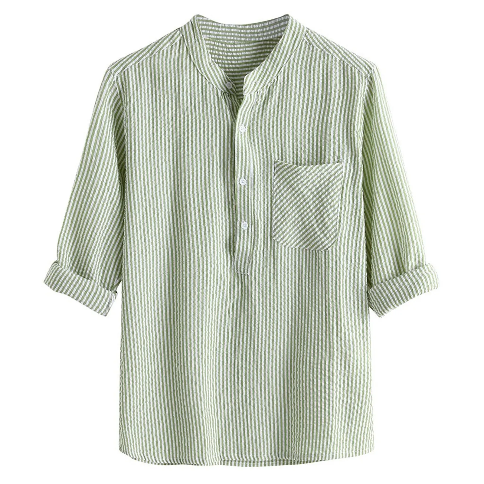 

Модная мужская рубашка Топ из хлопка и льна, высокое качество, на каждый день, рубашки с длинным рукавом и стоячим воротником в полоску с при...