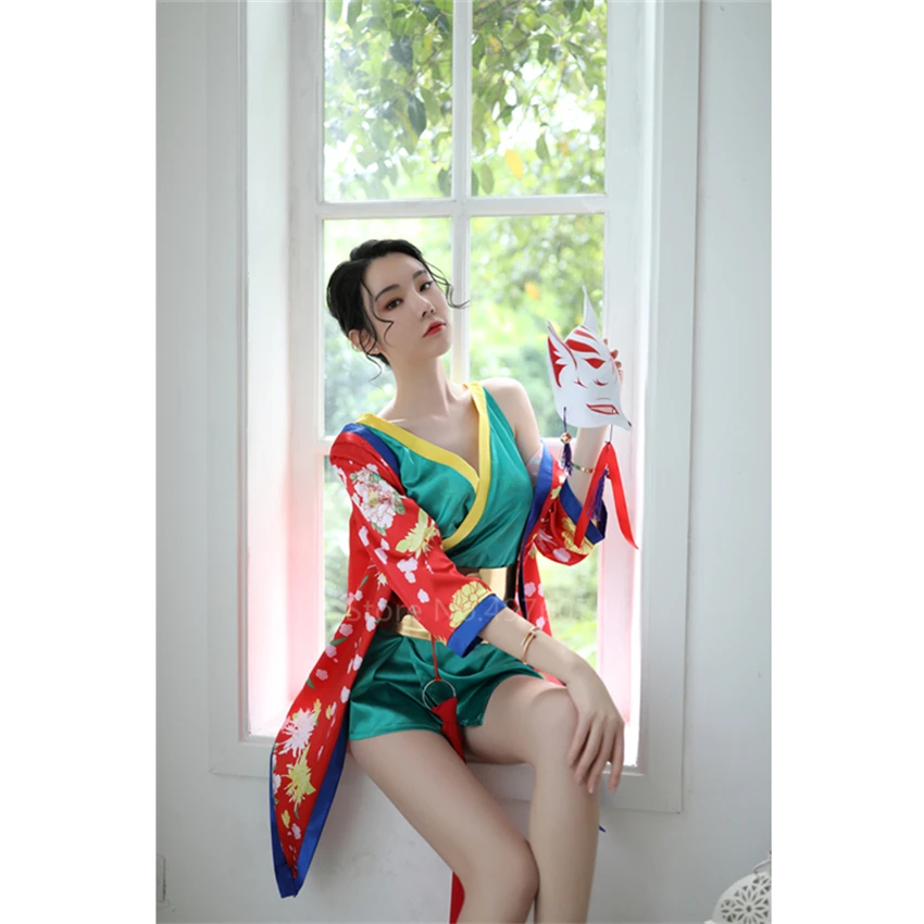 

Hot Japanese Kimono Sleepwear Women Mujer Sexy Traditional Clothes Fancy Print Short Kimono V Neck Dress Patchwork Lace Up Set