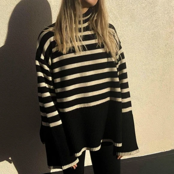 

Женский свитер в полоску, вязаный шерстяной топ с высоким воротником и длинным рукавом в французском ретро-стиле на раннюю осень 2021