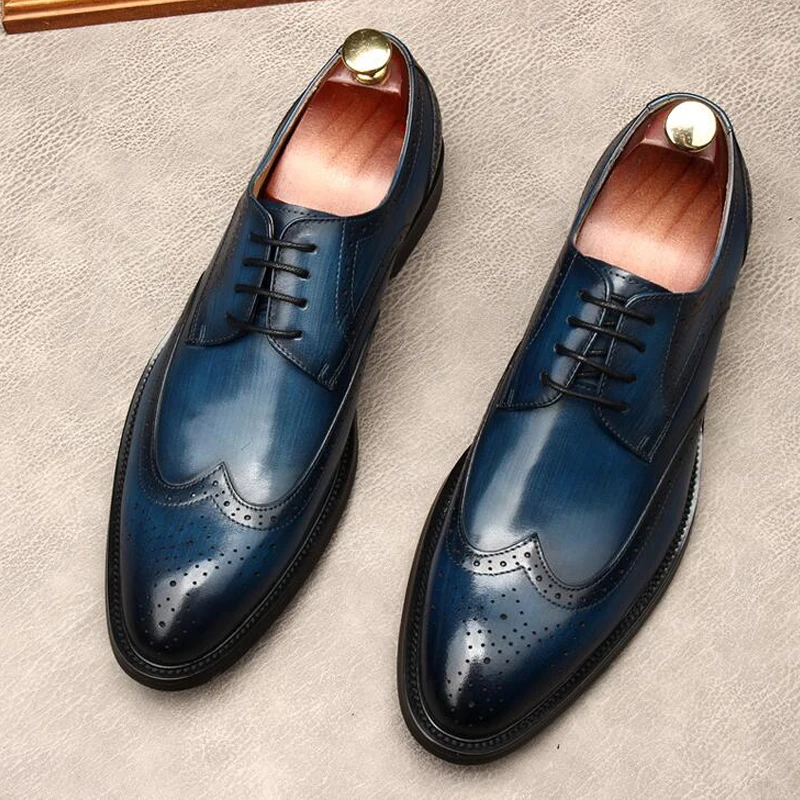 

Blue Men Oxfrod Shoes High Quality Breathable Lace Up Brogue Men Dress Shoes Business Wedding Genuine Leather Formal Shoes