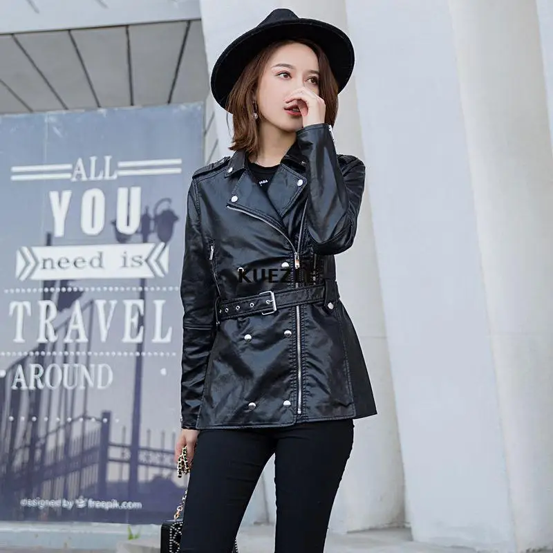 

Elegant Women Leather Jacket Coat 2020 Fall Fashion Zipper Jacket Coat Woman Black PU Leather Jacket Belt Overcoat Sashes Camisa