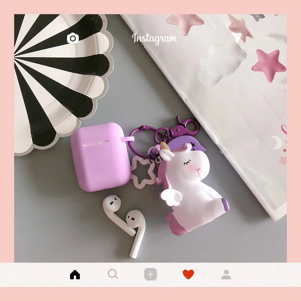 Purple set Симпатичные Мультяшные наушники чехол для AirPods с брелок для ключей с единорогом беспроводной Bluetooth кожухи головных телефонов для Apple AirPods 2 аксессуары - Цвет: Purple set