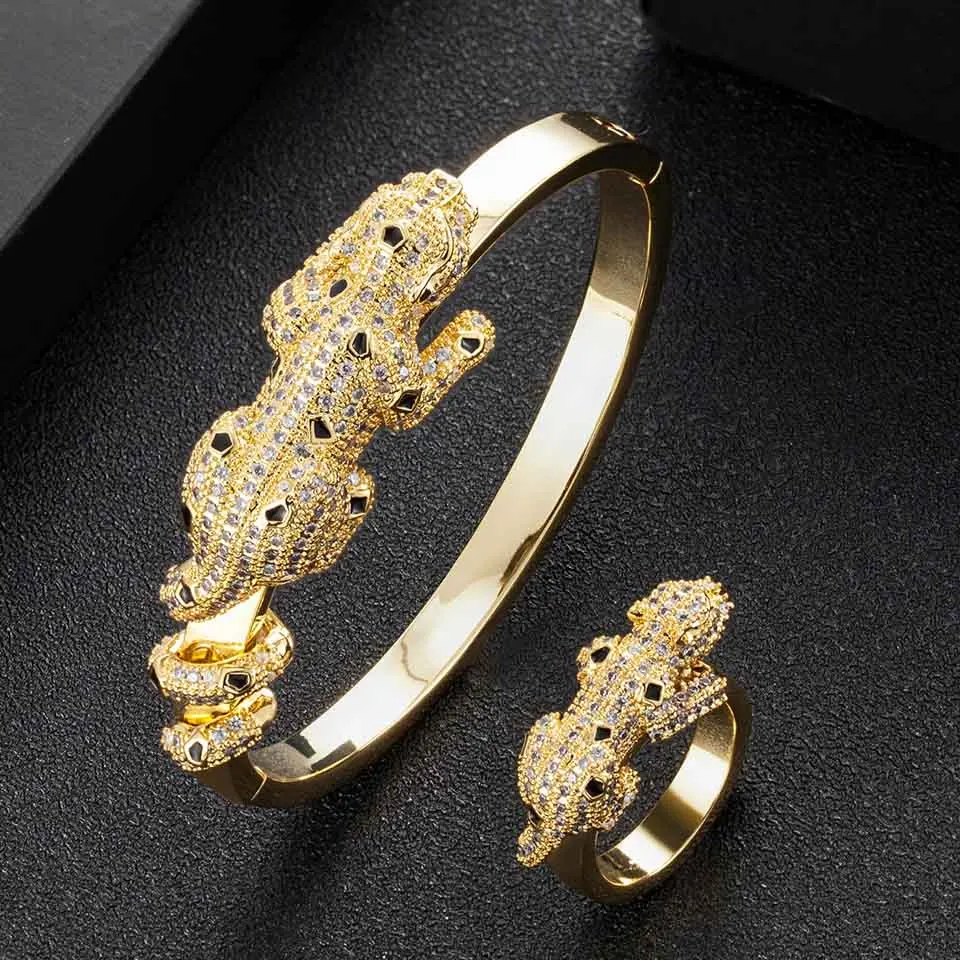 

Zlxgirl jewelry Free shipping and bags leopard animal bridal bracelet&bangle ring set brand AAA zirconia Gold bangle ring couple