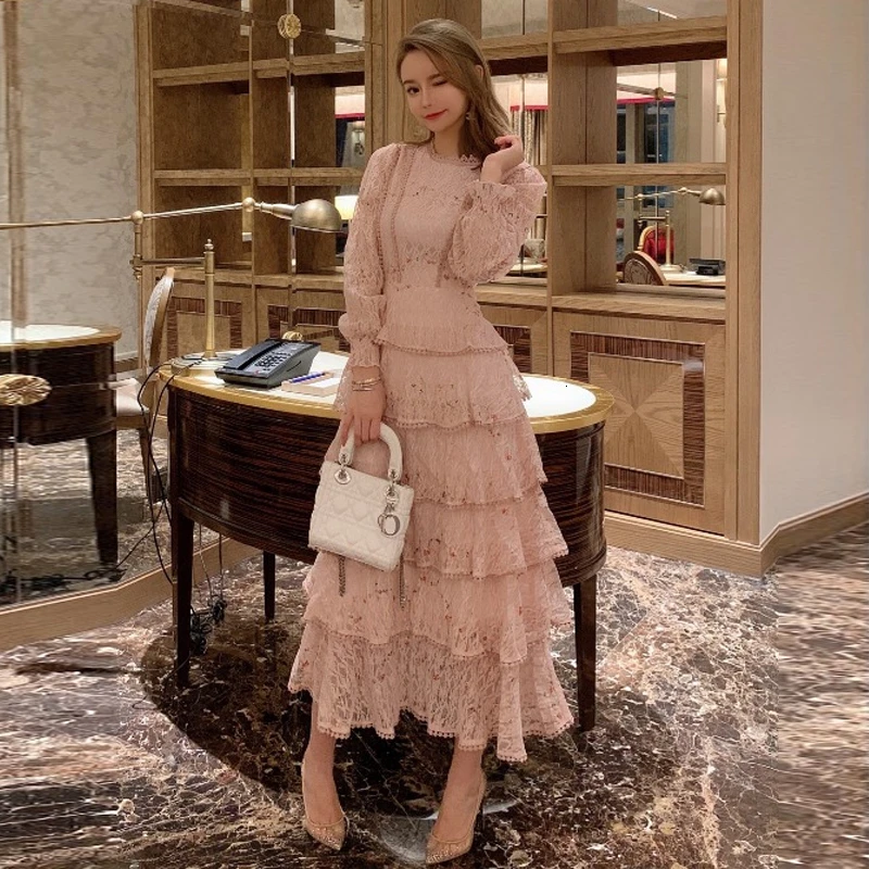 

Vintage Spring Women Lace Embroidery Streetwear Ruffles Layered Midi Long Dress Elegant Princess Party Holiday Dress Vestidos