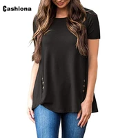 2021 ladies elegant leisure casual t shirt patchwork buttons o neck loose womens top latest summer tee shirt black gray clothes