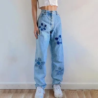 straight jeans for women wide leg mid waist fashion embroidery big flower ladies denim pants size s xl woman trousers