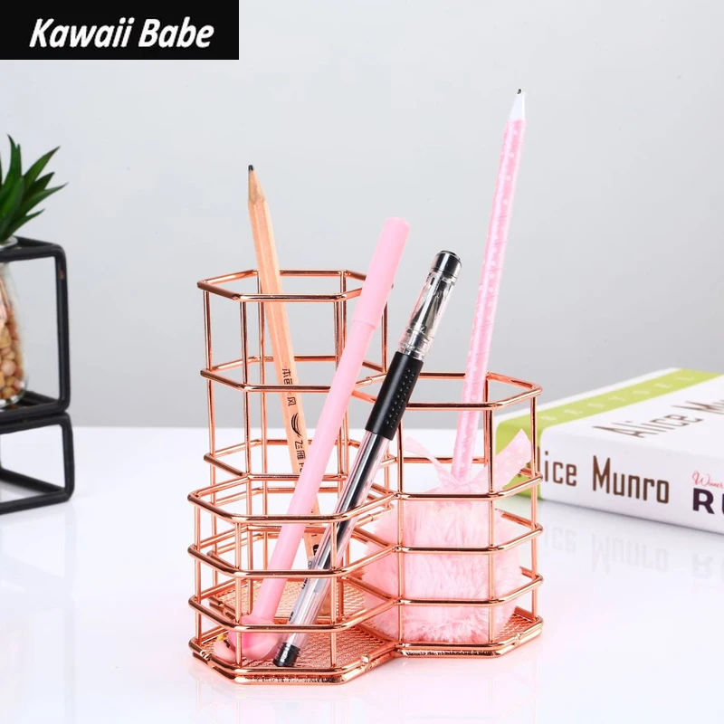 

Makeup Brush Holder Pen Holder Desk Organizer Stand Pencil Marker Rose Gold Hexagon Iron Hollow Stationery Storage Container