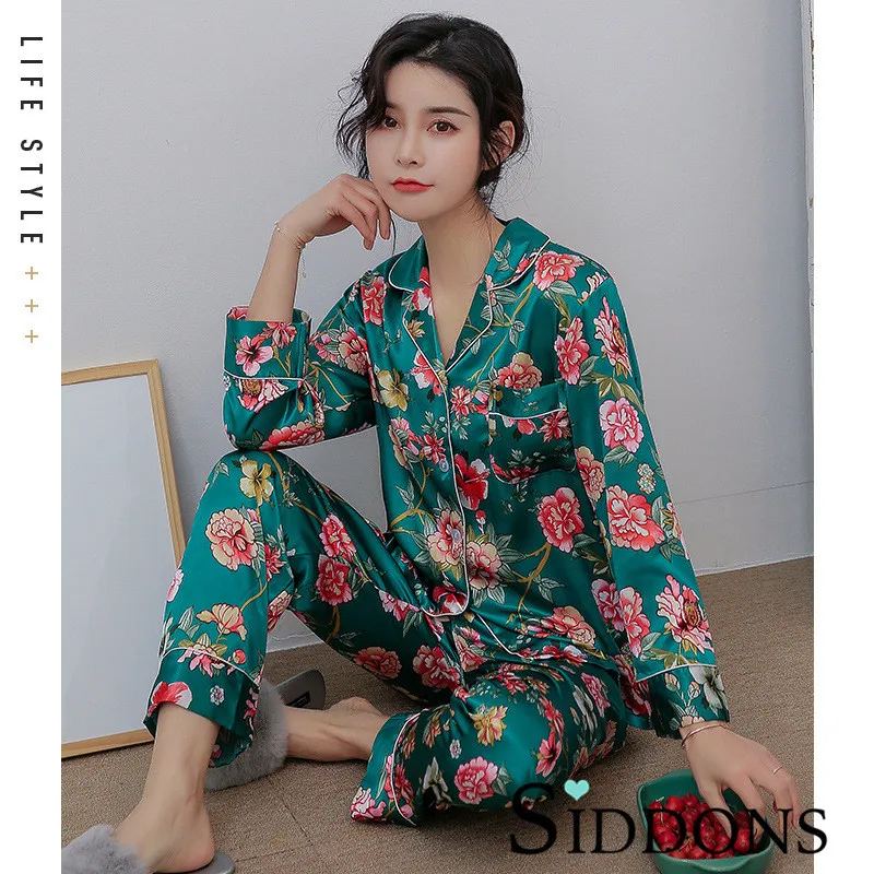 

Siddons High quality women's pajamas set long sleeve silk satin sleepwear pyjamas women print spring autumn home clothes pijama