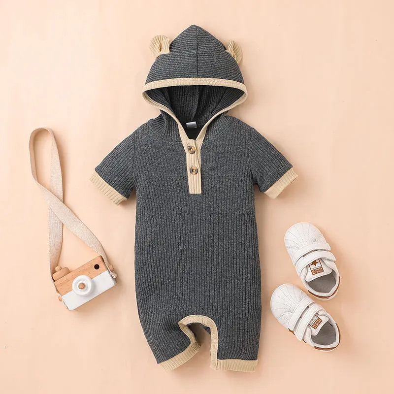 Newborn baby clothing 2022 baby boy hooded jumpsuit summer short-sleeved pit striped cotton baby girl animal image romper