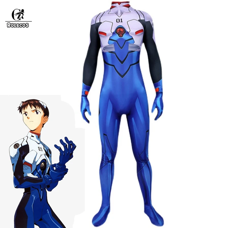

ROLECOS Ainme EVA Cosplay Shinji Ikari Costume Cosplay Leather Costume Shinji Ikari Blue Bodysuit Jumpsuit Catsuit Halloween