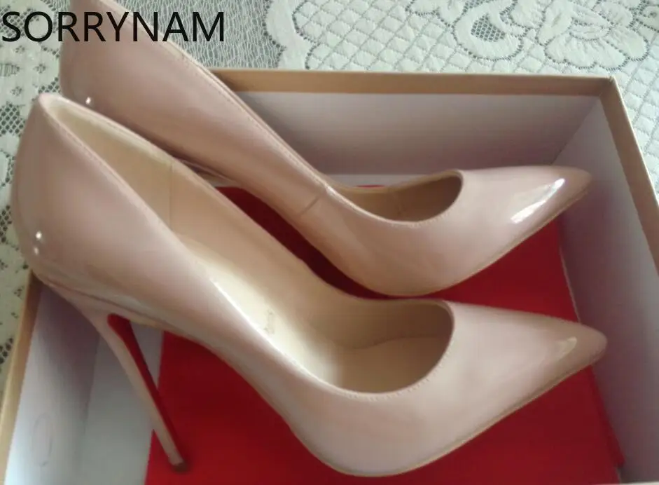 

Red sole High heels woman Genuine Leather office pumps Red Bottom Shallow Mouth shoes Pointed toe Patent Leather party Wedding
