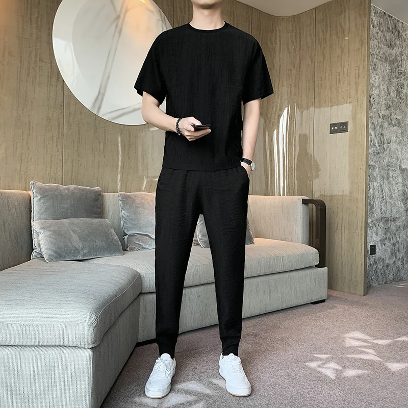 

(T-shirt + pants) Two-piece summer 2021 loose casual short-sleeved T-shirt high-quality fashion men's clothing men's sports SET