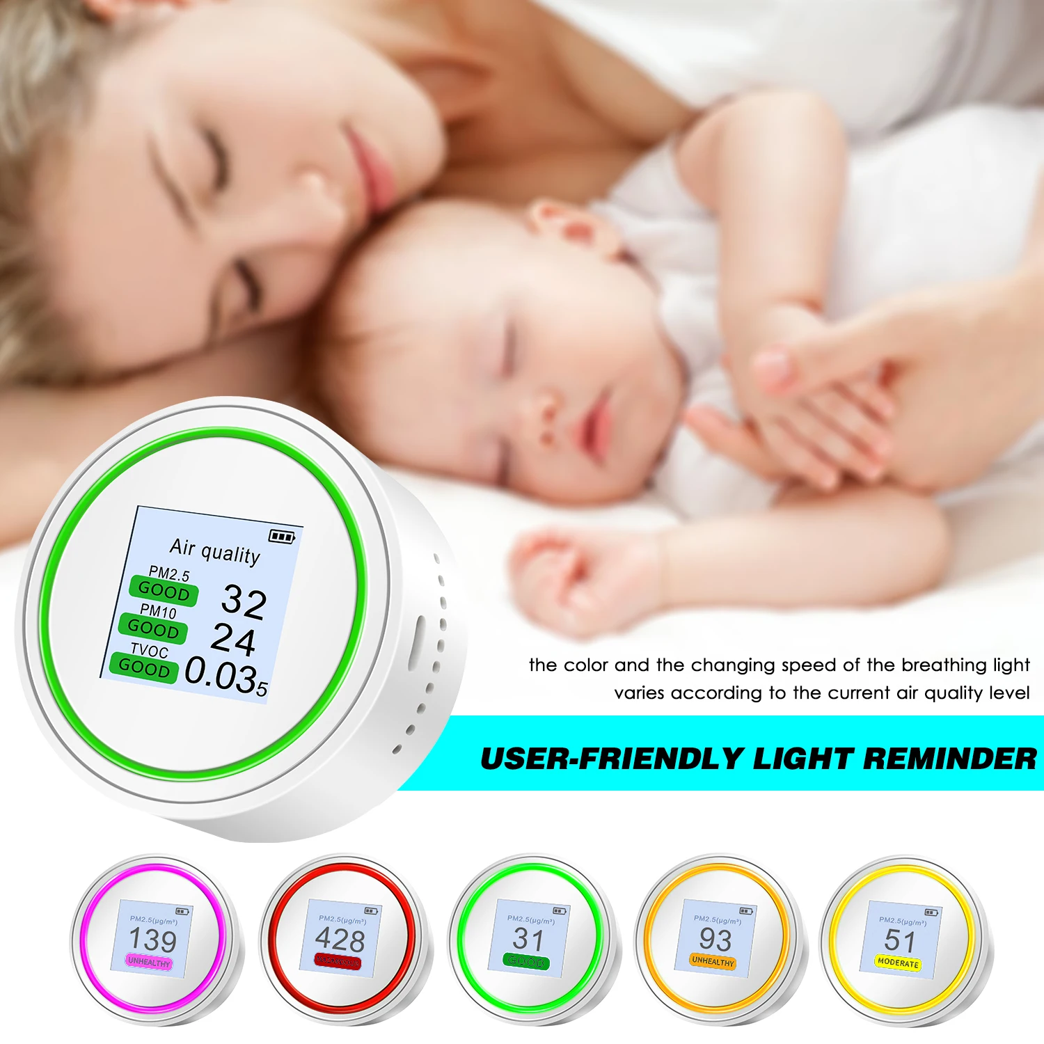 

PM2.5 Tester Air Quality Detector Palm Size Air Quality Tester High Accuracy Air Quality Monitor for PM2.5 & TVOC &amp AQI