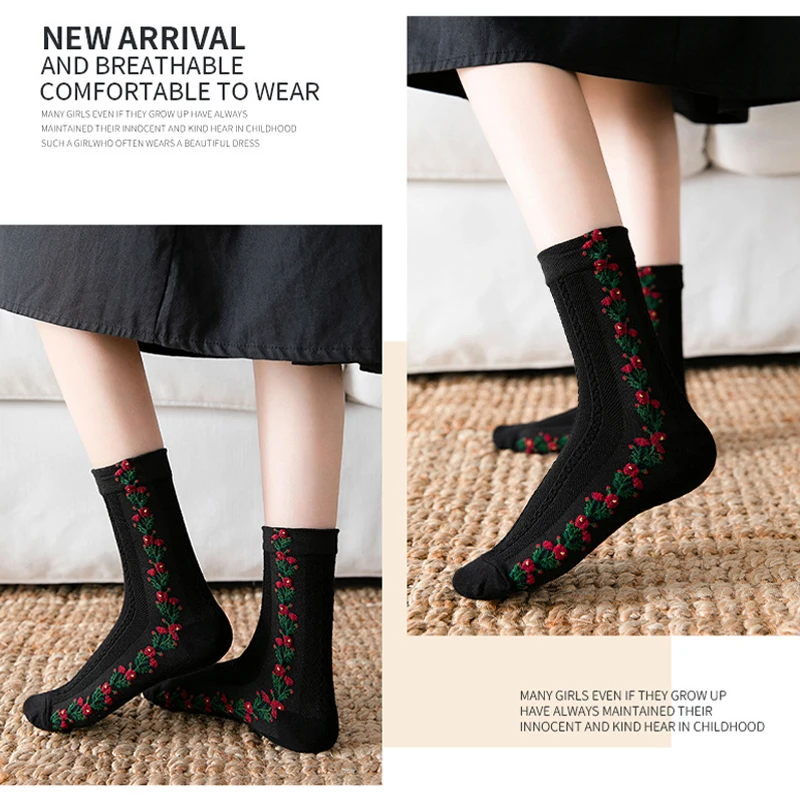 

Женские хлопковые носки в винтажном дворцовом стиле, носки средней длины с цветочной вышивкой в британском стиле, однотонные маленькие нос...