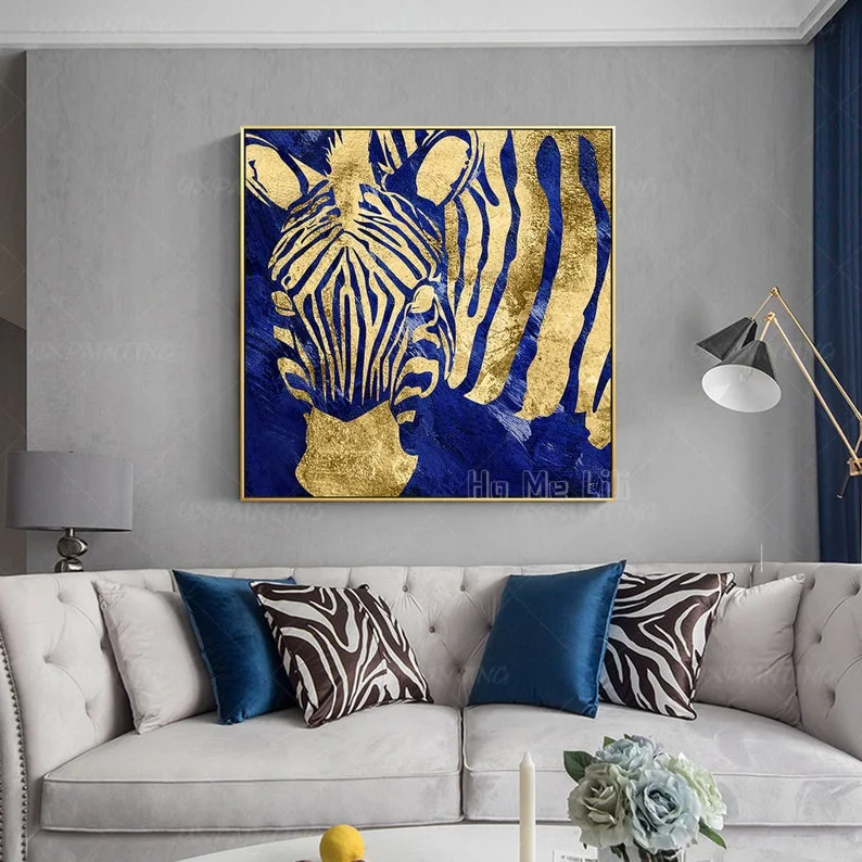 Абстрактный принт зебры Животные Золотой и СИНИЙ Масляный холст гравировка
