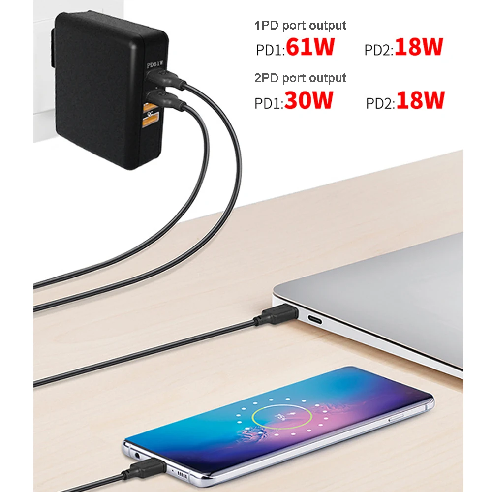 2 порта PD 61 Вт USB C адаптер питания 2 порта QC3.0 18 Вт настенное зарядное устройство для huawei xiaomi samsung iPad iPhone MacBook(и USB-C кабель