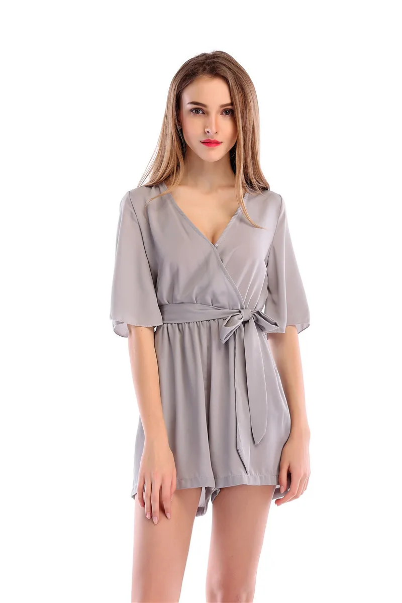 

2021 European American fashion new summer hot sale candy color V-neck chiffon casual loose short sleeve jumpsuit women #9929