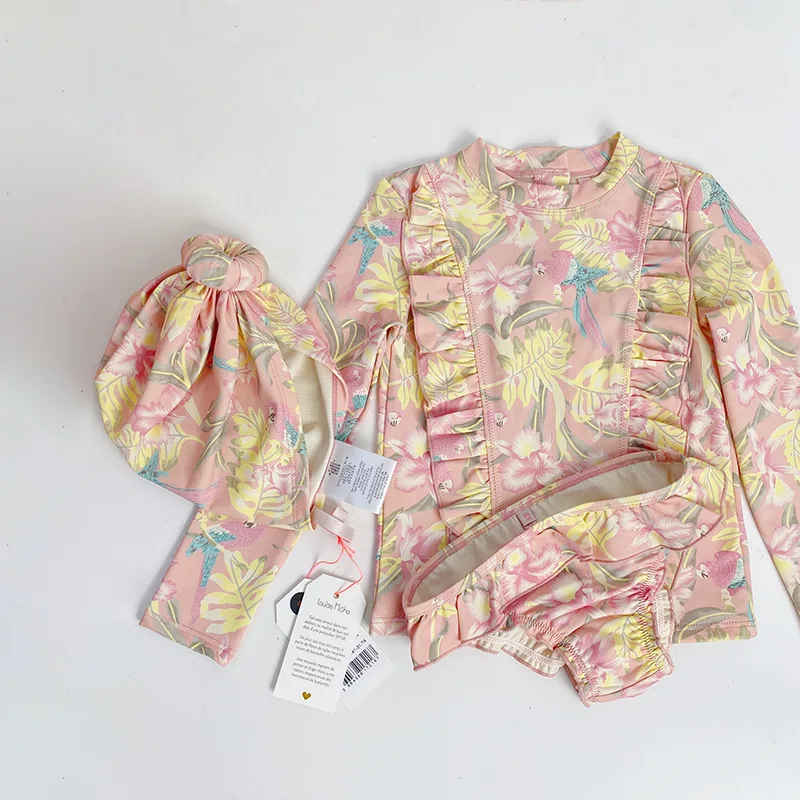 

2021 New Summer LM Brand Kids Swimwear Sets for Girls Flower Print Swimsuits Baby Child Cute 3pcs Outfits Beach Clothes
