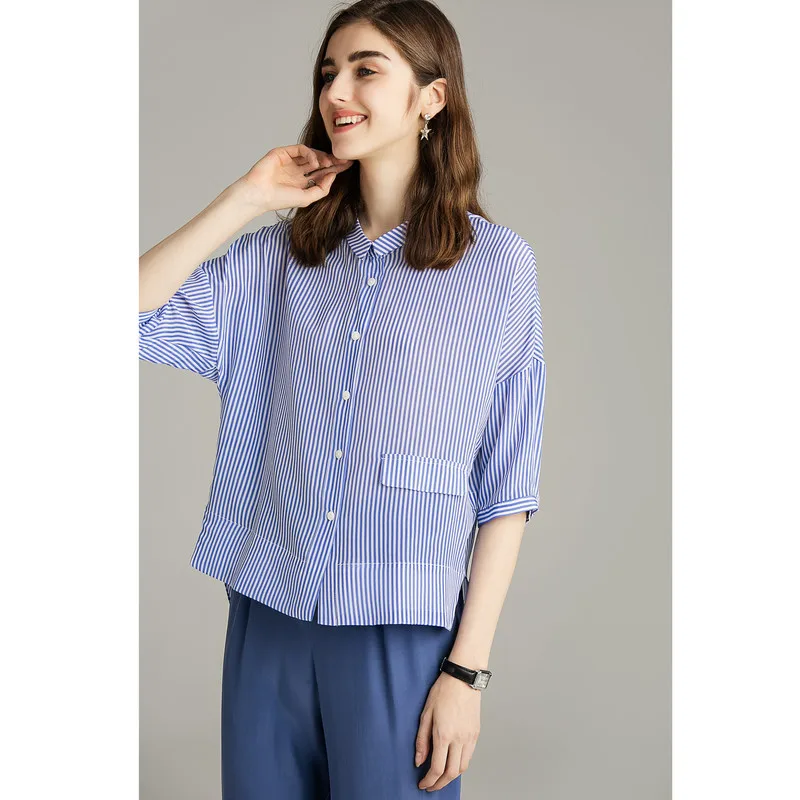 Летняя рубашка из натурального шелка 100% тутового женская блузка в полоску с