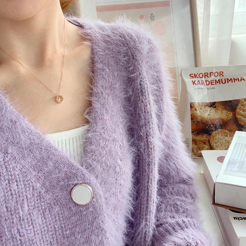 Purple cardigan sweater women's 2020 autumn winter short mohair coat top Soft comfortable Tops Female Pull femme |