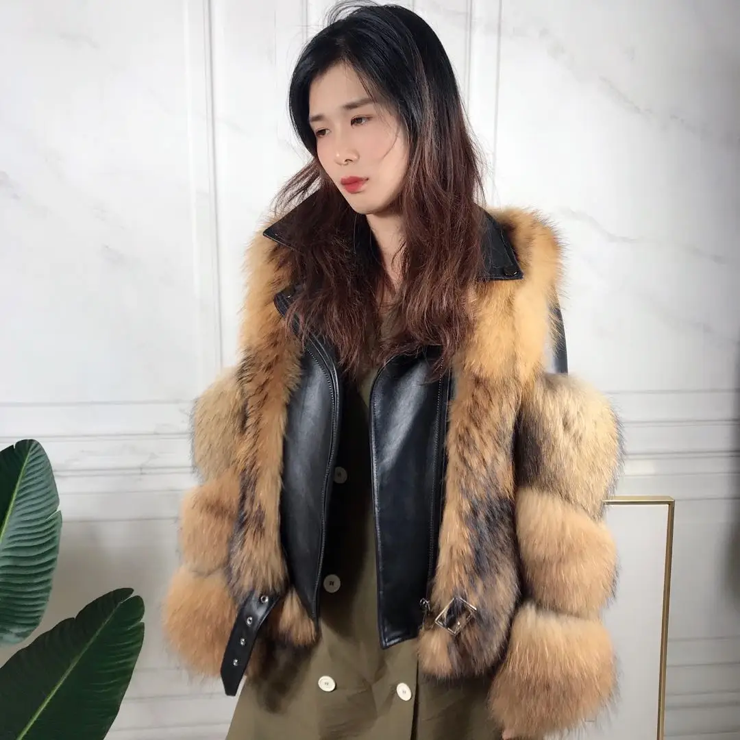 

Sheepskin Coat Women Silver Fox Fur Jacket Vest Winter Warm Thick Raccoon Fur Coat Detachable Sleeve High Quality Plus Size Cust