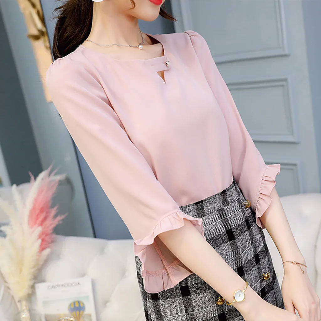

Блузка женская шифоновая с оборками на рукавах, приталенная Однотонная рубашка с V-образным вырезом, одежда для работы и офиса, лето