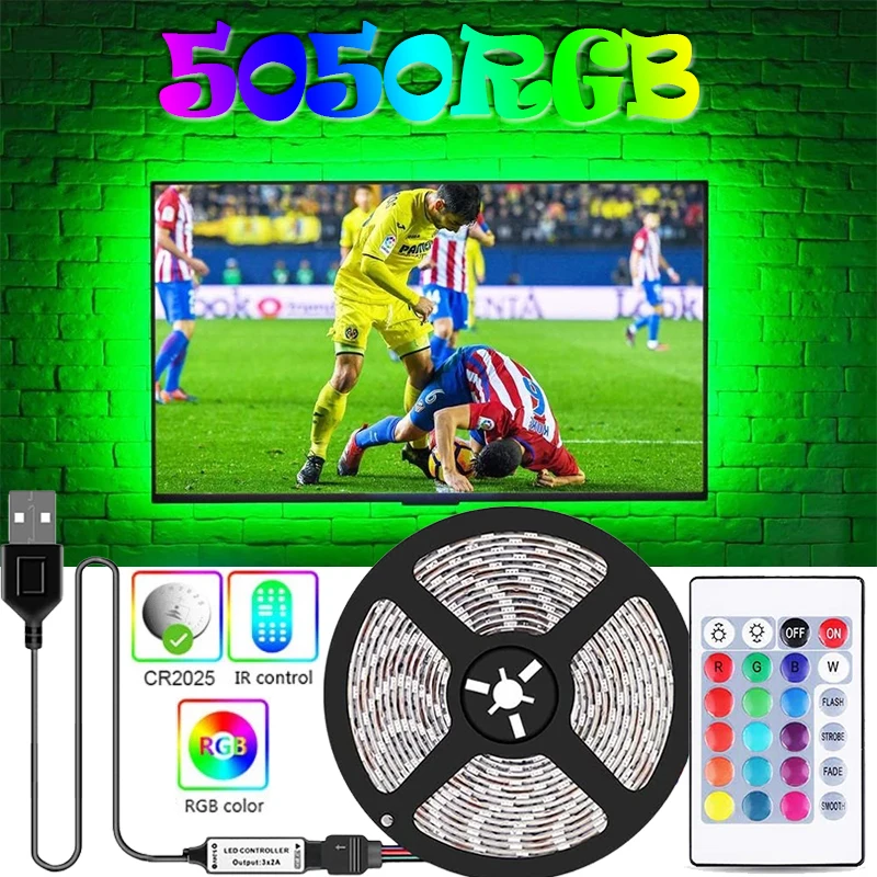 

Цветная светодиодсветильник лента RGB 5050 с питанием от USB, 5 в постоянного тока, подсветка фона телевизора, SMD, гибкая лента, полосатая лампа, на...