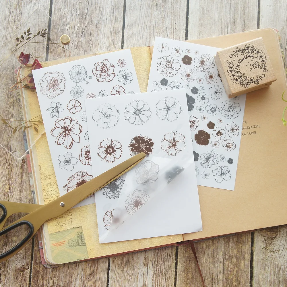 

3 Sheet Hand Draw Flower PVC White Sticker Paper Design Gift Tag Gift Decoration Scrapbooking DIY Sticker