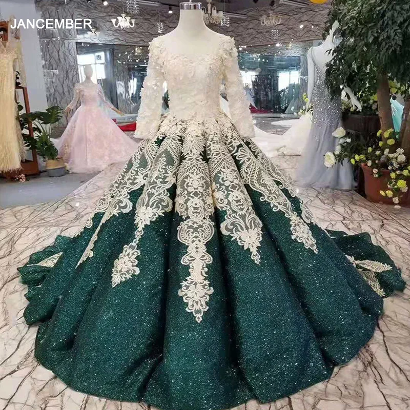 Зеленое блестящее женское платье LSS218 с длинным рукавом и круглым вырезом бальное