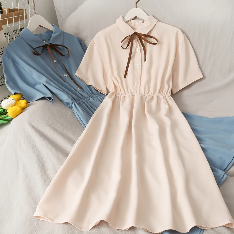 

Dress Women Chiffon Bow Solid High Waist Turn-down Collar Preppy Style Kawaii Ulzzang Popular Temperament Girls Summer Holiday