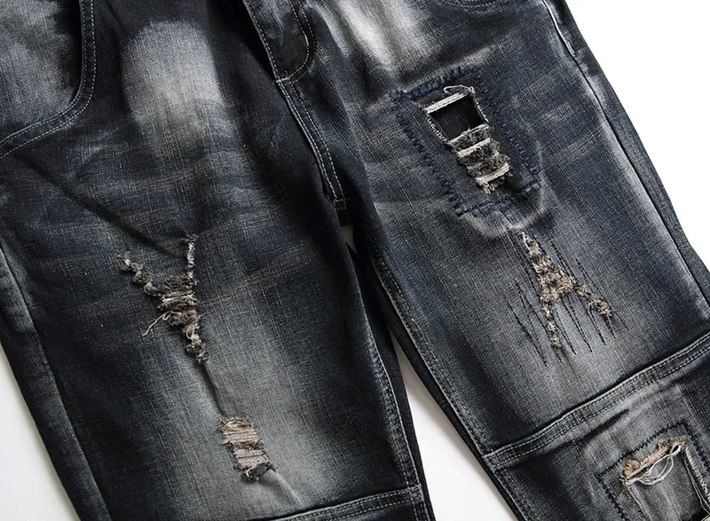 

Mens Grey Black Denim Pants Straight Slim Distressed Holes Jeans Frayed Folds Biker Trousers Men Fashion Streetwear Clothes 40
