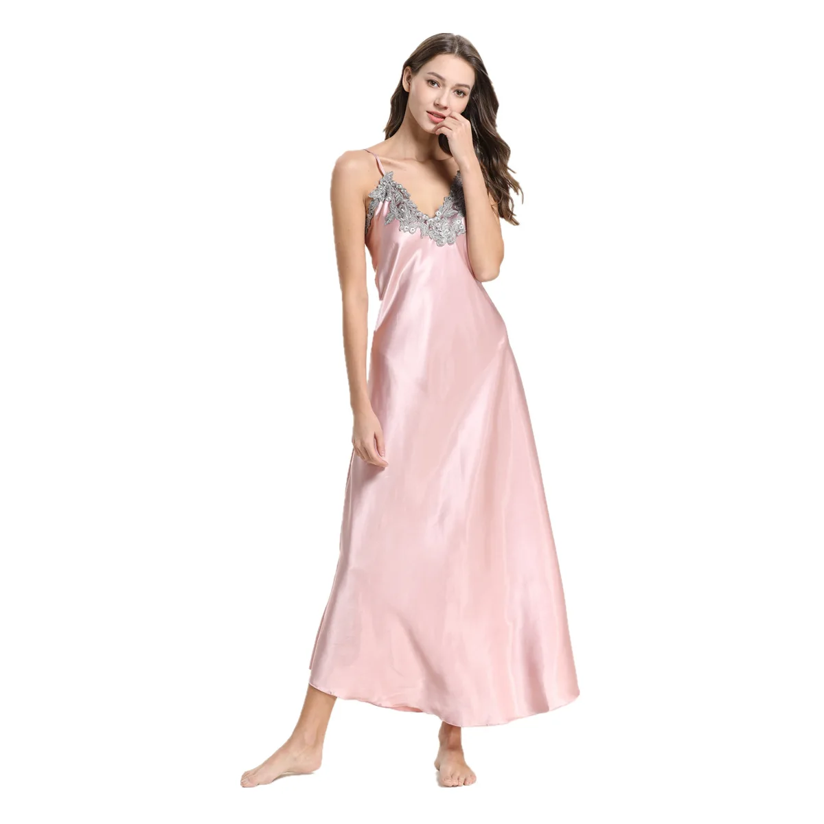

Emulation silk pajamas sexy female lace v-neck long sleep condole belt skirt pajamas leisurewear a undertakes