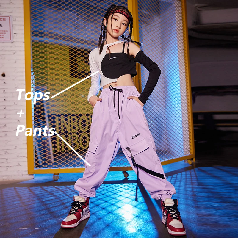 

Детский костюм в стиле хип-хоп для девочек, комплект для джазовых танцев, сценическая одежда для выступлений и уличных танцев, летняя одежда...