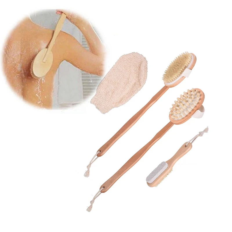 

4 Pcs Body Bath Brush Set Non-Slip Long Handle Back Scrubber for Shower Double Side Exfoliator Pumice Stone Brush Bath Gift Set